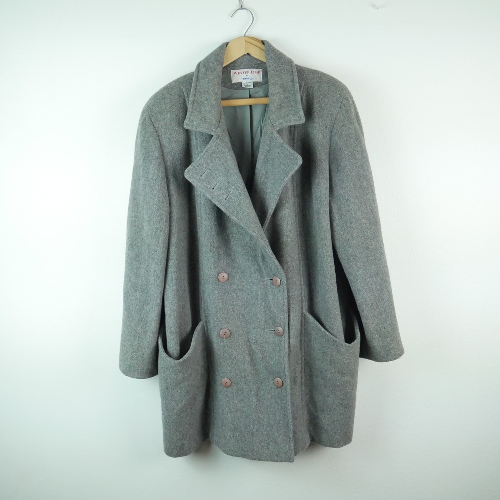 Vintage Gray 100% Wool Double Breasted Pea Coat 16 Car Coat Quiet Luxury Minimal
